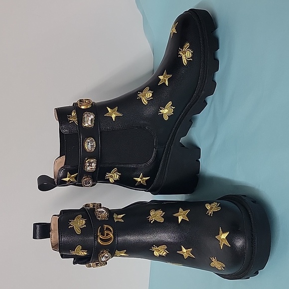 Shoes - Gold Bee Embroidered Ankle Boots Removable Rhinestone Cuff Size EU 40